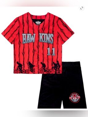 NWT Stranger Things Boys L 10/12 Hawkins 11 Pajama Set Red Black Shorts